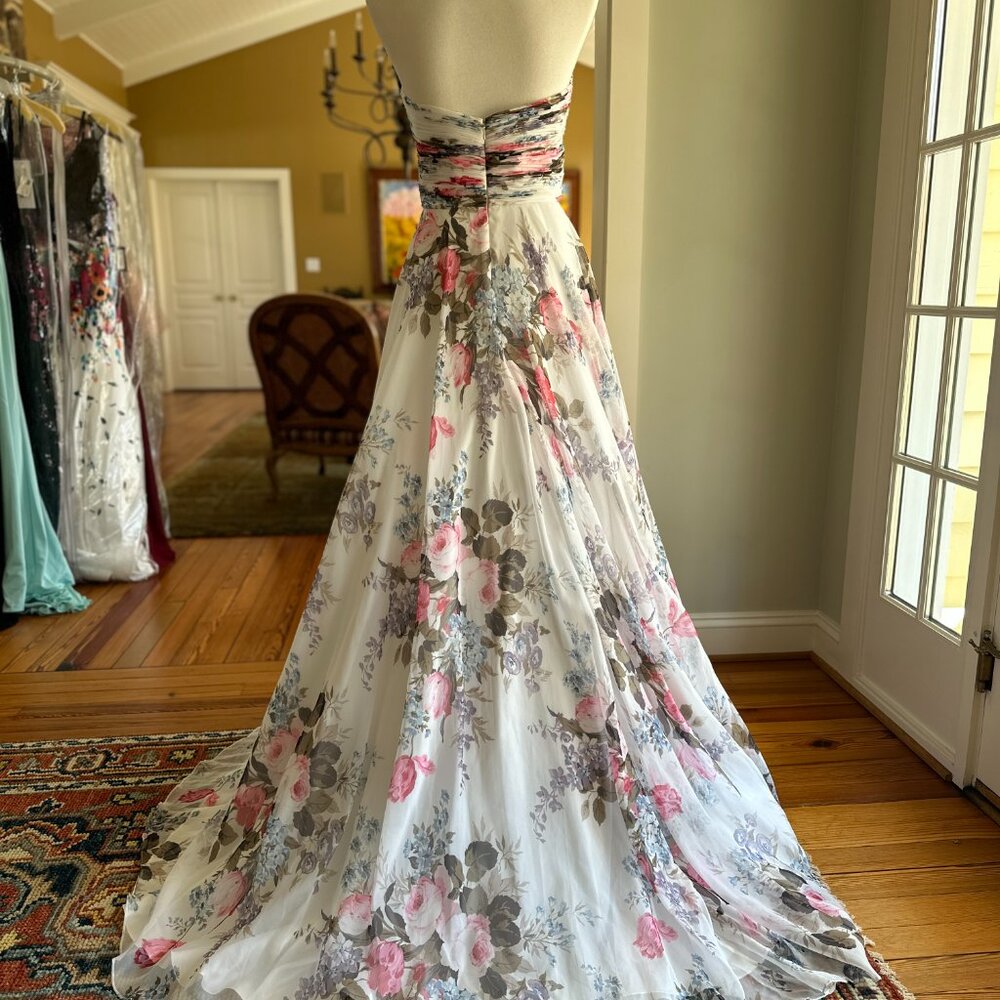 Sherri Hill Strapless Floral Chiffon Gown - Ruched Bodice & High Slit - Size 4 - Picture 7 of 11